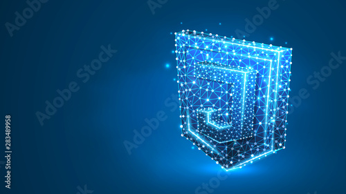 JS, Java Script coding language sign. Device, programming, developing concept. Abstract, digital, wireframe, low poly mesh, vector blue neon 3d illustration Triangle line dot