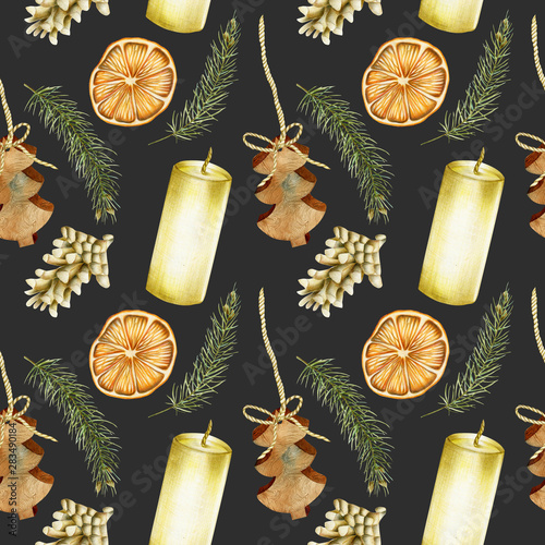 Seamless pattern of hand drawn Christmas elements (candles, branches of spuce, fir cones, dried orange) on a dark background, Christmas design photo