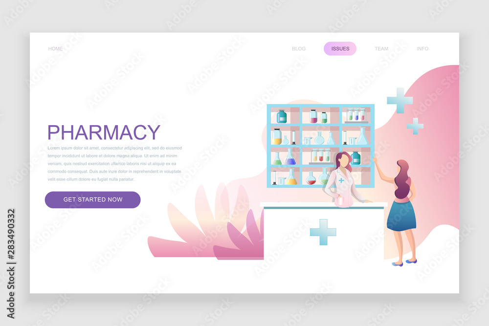 Modern flat web page design template concept of Pharmacist in Pharmacy decorated people character for website and mobile website development. Flat landing page template. Vector illustration. Modern flat web page design template concept of Pharmacist in Pharmacy decorated people character for website and mobile website development. Flat landing page template. Vector illustration.