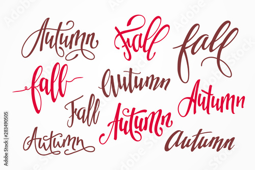 Vector set of handwritten inscriptions Autumn and Fall. Seasonal calligraphic lettering isolated on background. Hand-drawn text for design of autumnal banners and flyers.