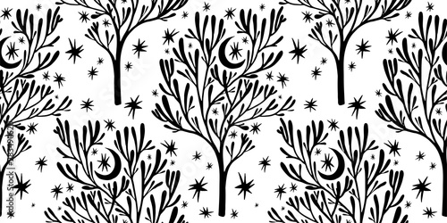 Nature seamless pattern background with forest trees  stars  moon.