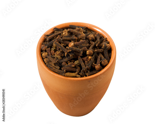Dry cloves in a bowl isolated on white background. Spice on isolate. View from above.