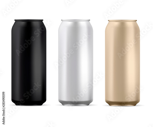 Aluminum Can Blank. Round Soda or Juice Tin Isolated Mockup. Silver, Black and Gold Aluminium Metal Can Template Pack. Cold Cola or Water Stainless Steel Cylinder Tin Mock Up for Advertising