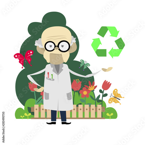 old scientist with glasses and a robe teaches planet protection. Sign waste reduction. Protecting and cleaning the planet from debris