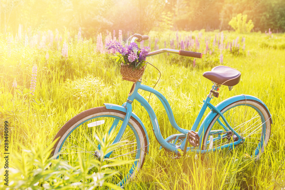 Naklejka premium Vintage bicycle with basket full of flowers standing in the sunny field