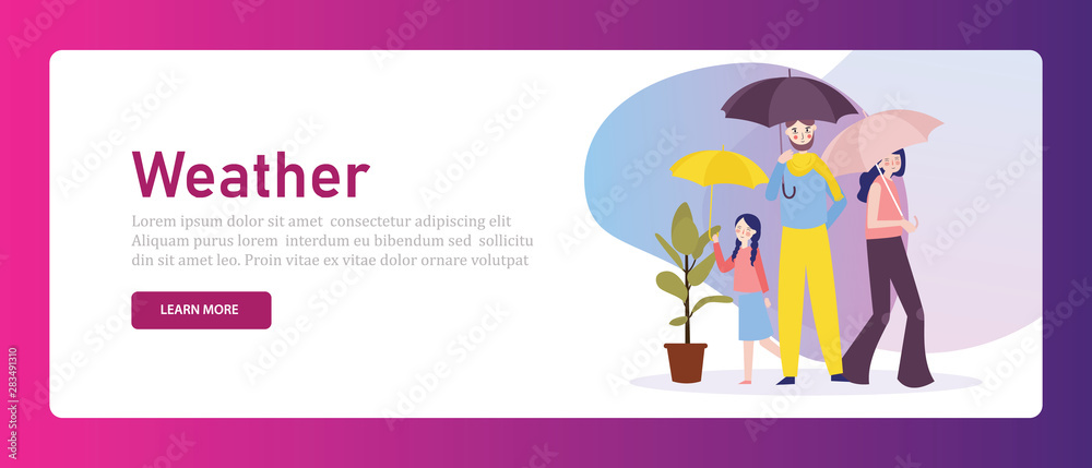 Group of family holding umbrella parent protect their children from weather season. Web banner illustration.
