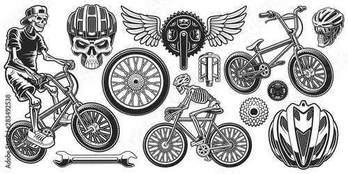 Set of black and white design elements for bicycle theme. Fototapete