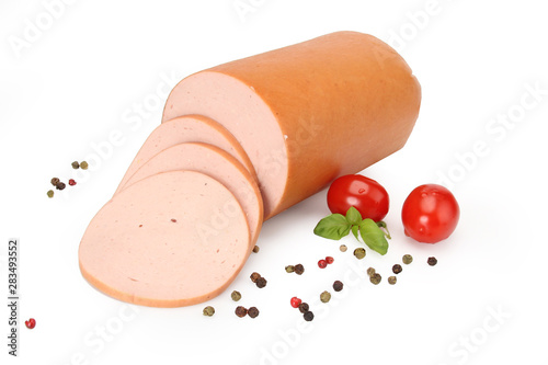 Steamed sausage on a white background. Food product.