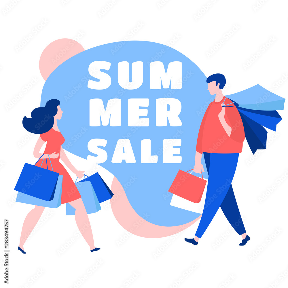 Woman and man walking with purchase buy paper bags . Summer sale discount black friday start .