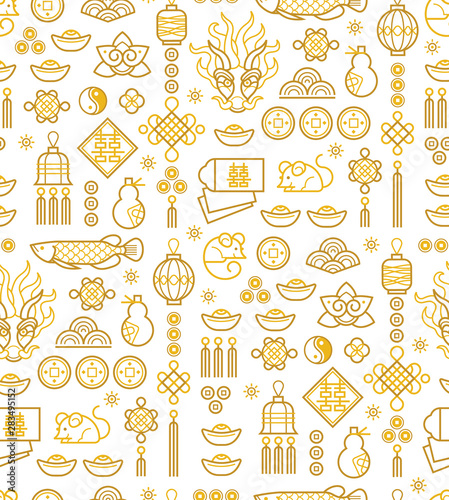 Seamless pattern with a outline symbols in the Chinese style.