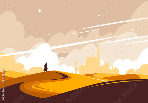 vector illustration of a silhouette of a man walking towards an Eastern city in the African desert