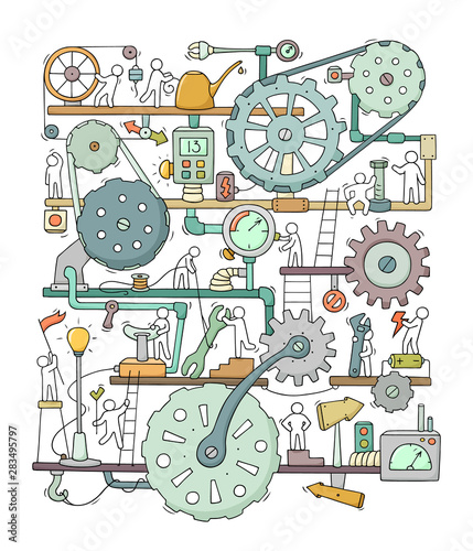 Sketch of people teamwork, gears, production.