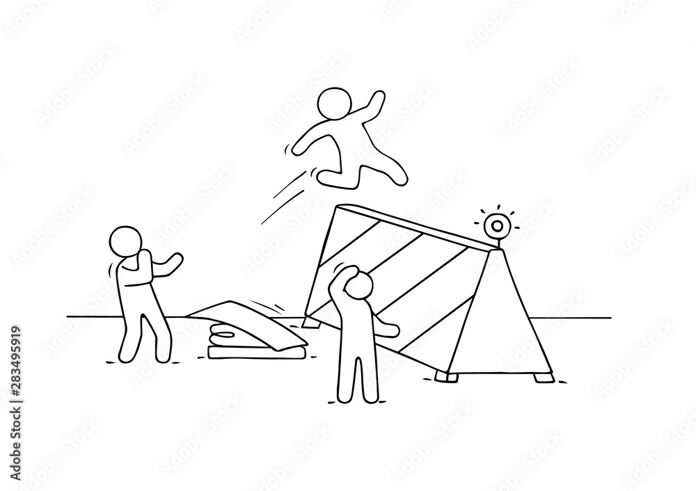 Obraz premium Sketch of little people with bariier. Doodle cartoon scene about overcoming the obstacle. Hand drawn vector illustration for business design.