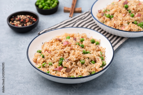 Japan fired rice with peas and chopstick