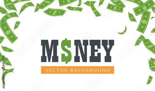 Flying green banknotes banner vector illustration. Frame with big amount of floating money on white background flat style design. Money rain concept. Place for text