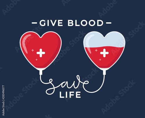 Give blood save life poster vector illustration. Heartshaped droppers with white cross tied with another capacitance full of red liquid on blue background flat style. Lifeblood donation concept
