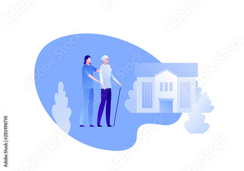 Vector modern flat nursing house person illustration. Couple of female elderly lady and carer on home building outdoor background on white. Design character element for banner, poster.