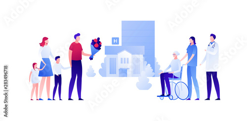 Vector modern flat nursing house person illustration. Big family meet grandmother sitting on wheelchair on home building outdoor background on white. Design character element for banner, poster.