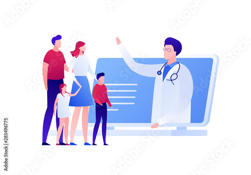 Vector modern flat online doctor illustration. Laptop with man doctor talking with family isolated on white background. Design for web clinic, hospital, service, diagnostic, advertisment
