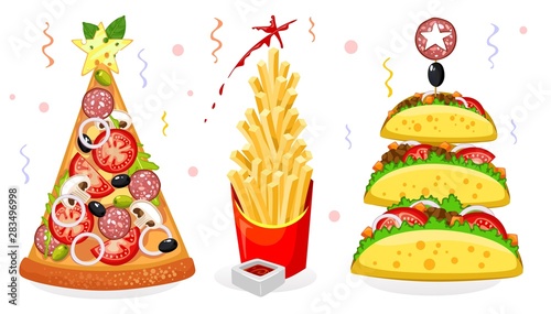 Fast food new year in cartoon style vector illustration. Different types of unhealthy dishes taco pizza and french fries stacked in look of pine tree with decorations flat design. Xmas eve concept
