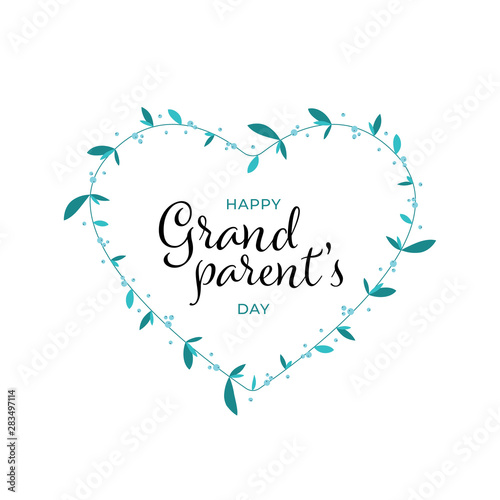 Vector flat grandparents day holiday banner template. Black text in heart shape frame of leafs and berries isolated on white background. Design for poster, invitation, card, greeting, congratulation.