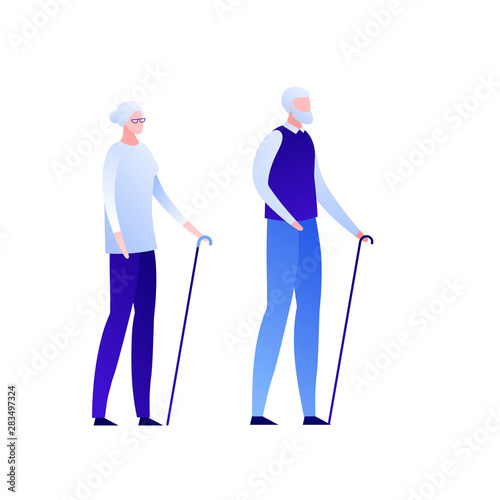 Vector flat modern old couple character illustration. Couple male, female of elderly walking with stick isolated on white background. Design element for banner, poster, inforgraphic, web, card