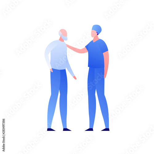 Vector flat modern doctor and patient character illustration. Doctor in blue uniform talking and take care of elderly male isolated on white. Design element for nursing clinic, health care, medicine