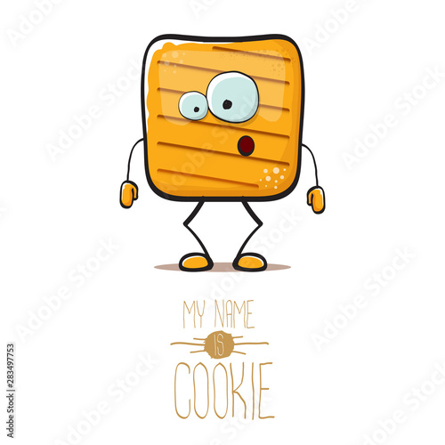 vector funny hand drawn square cracker homemade chip cookie character isolated on white background. My name is cookie concept illustration. funky food character or bakery label mascot