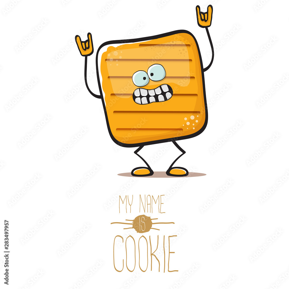 Obraz premium vector funny hand drawn square cracker homemade chip cookie character isolated on white background. My name is cookie concept illustration. funky food character or bakery label mascot