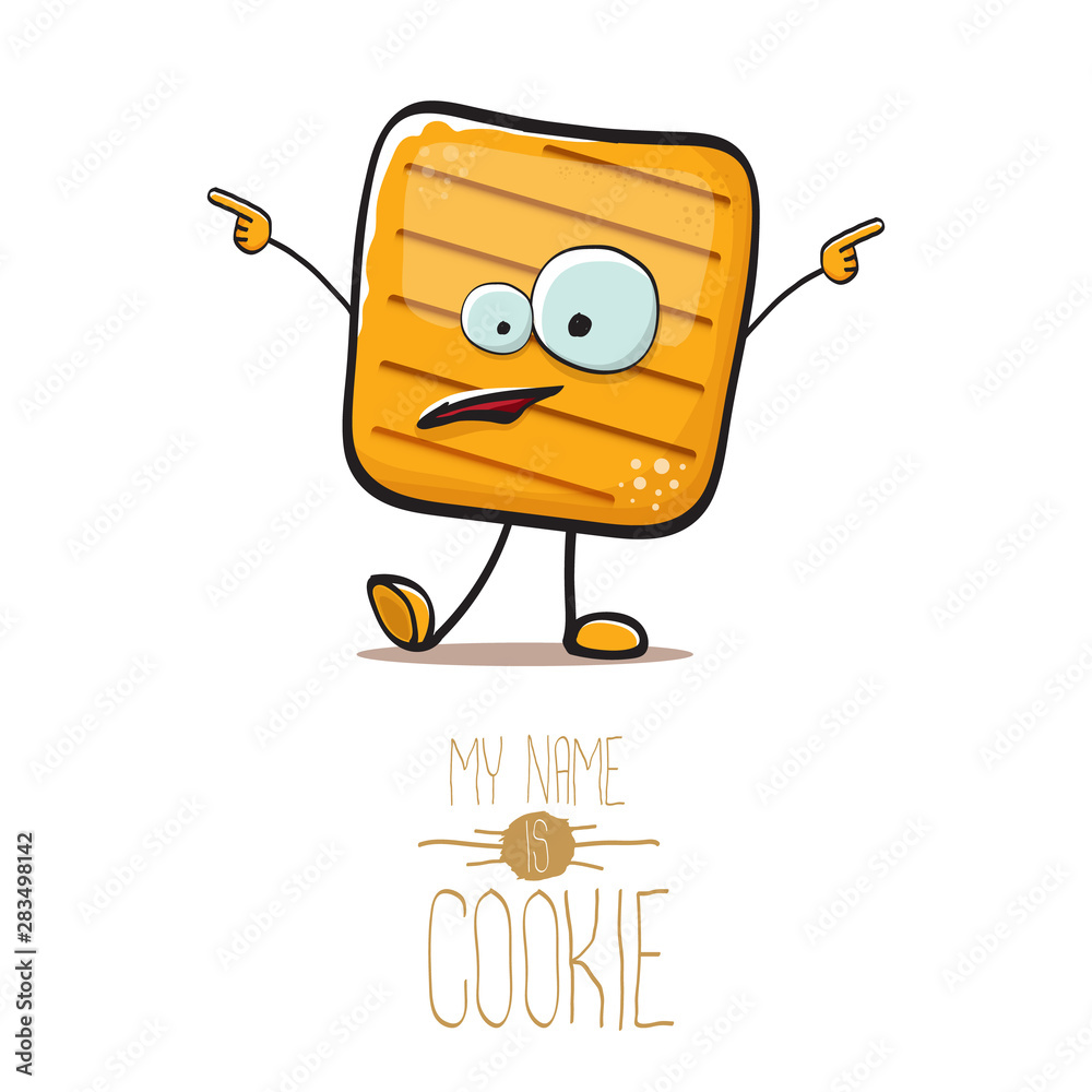 vector funny hand drawn square cracker homemade chip cookie character isolated on white background. My name is cookie concept illustration. funky food character or bakery label mascot
