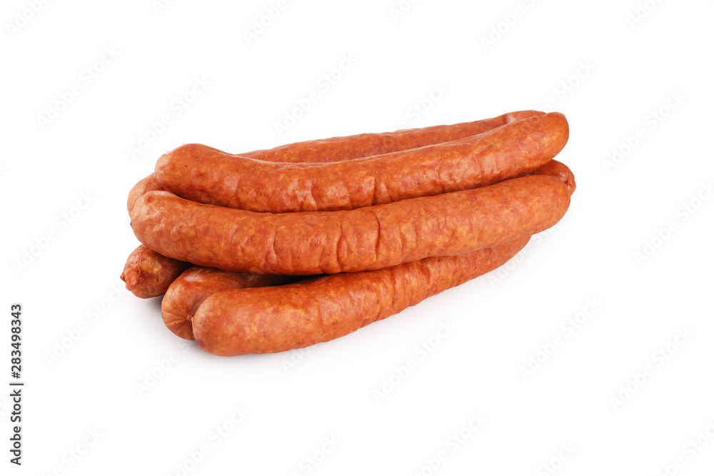  Thin sausage on a white background. Food product.