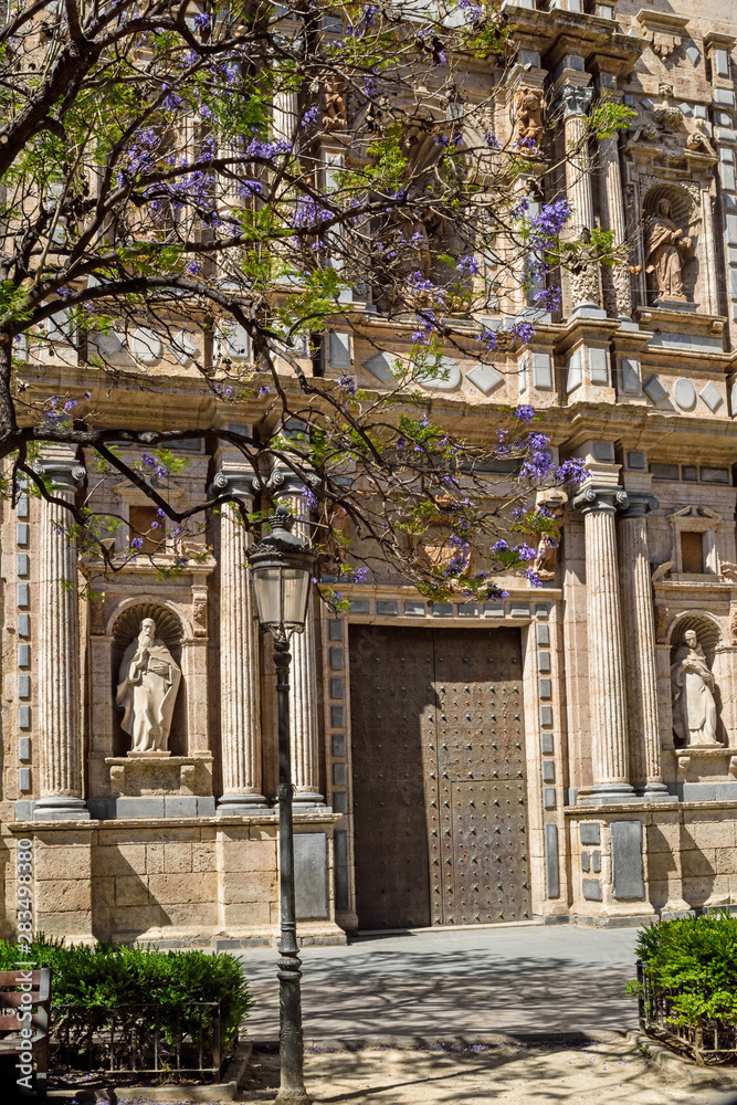 Valencia, Spain: 06.05.2019; The entrance in the church Saint Cross
