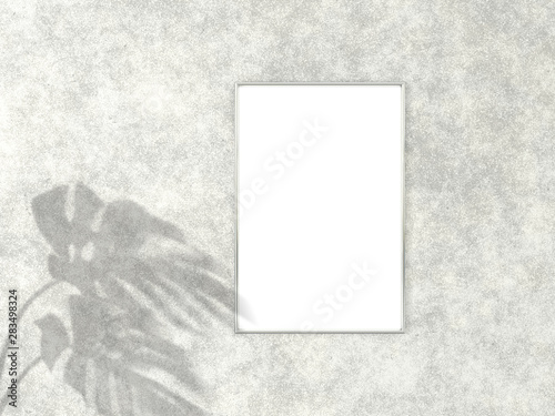2x3 vertical Chrome frame for photo or picture mockup on concrete background with shadow of monstera leaves. 3D rendering.