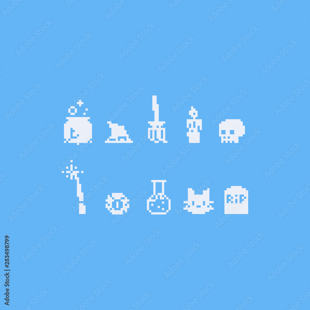 Pixel art witch elements set.8bit.Halloween icons.