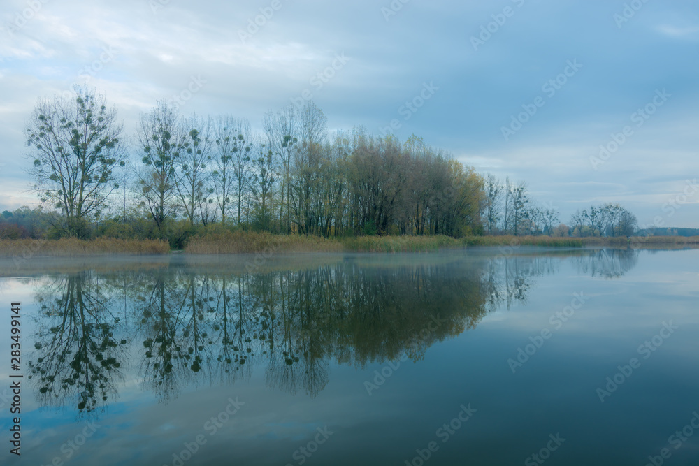 Misty lake and autumn trees Misty lake and autumn trees