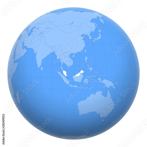 Malaysia on the globe. Earth centered at the location of Malaysia. Map of Malaysia. Includes layer with capital cities.