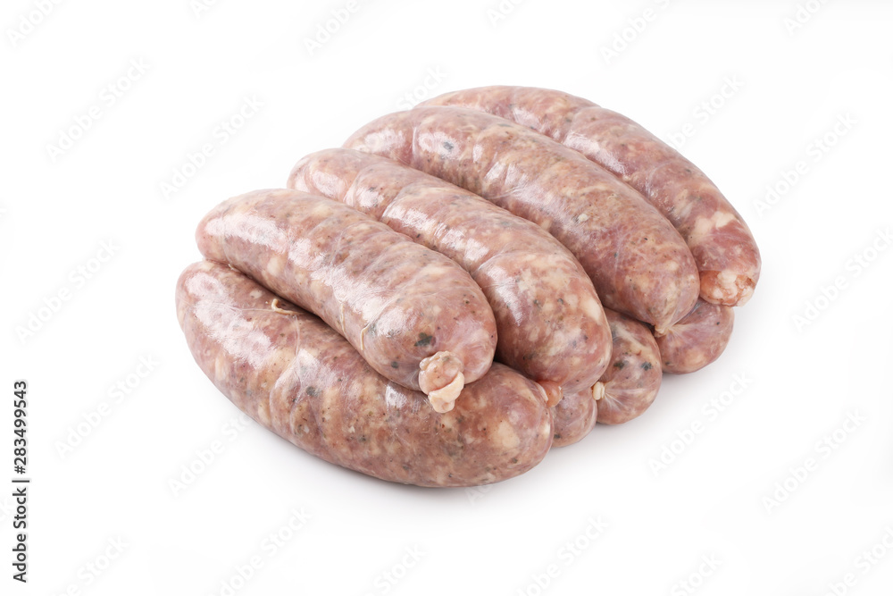 Raw white sausage on a white background. Food product. Raw white sausage on a white background. Food product.