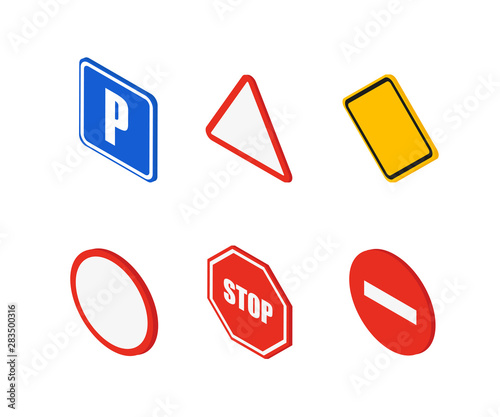 flat road signs in isometric style, vector