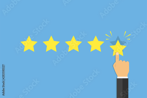 Rating vector illustration. Hand with finger touching star. Customer feedback business concept.