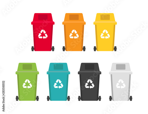Garbage vector colored isolated containers with recycling symbols. Ecology containers for different kind of trash.