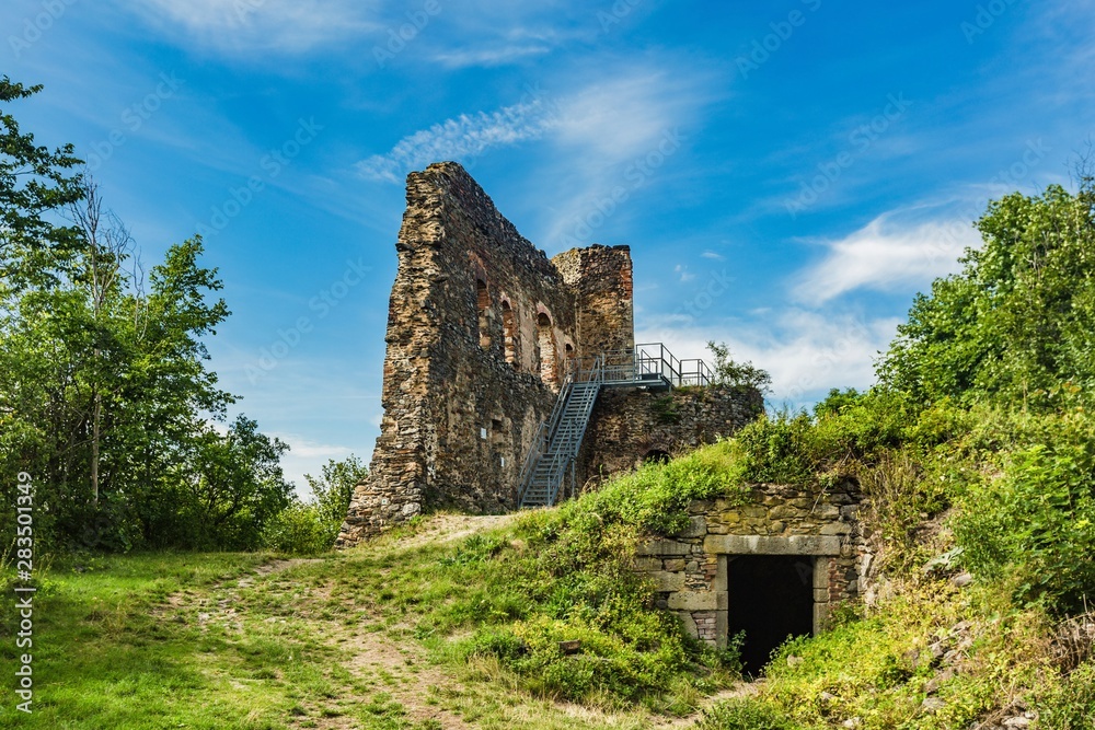 Krasikov, Kokasice / Czech Republic - August 9 2019: Remains of stone  Svamberk castle from 13th century. Bright sunny day with blue sky and white clouds. Green grass and trees around.