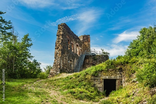 Krasikov, Kokasice / Czech Republic - August 9 2019: Remains of stone Svamberk castle from 13th century. Bright sunny day with blue sky and white clouds. Green grass and trees around.