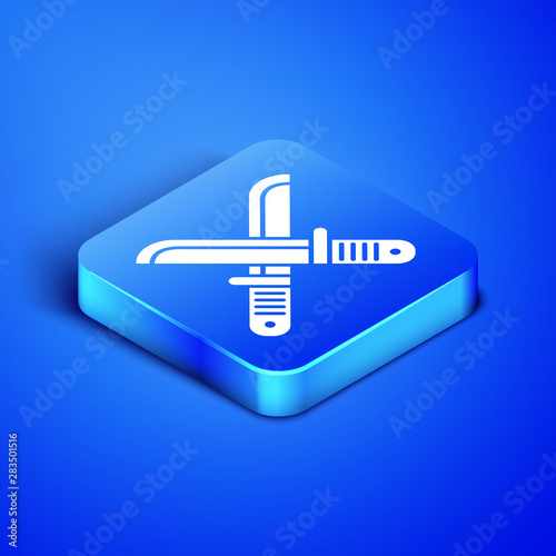 Isometric Crossed hunter knife icon isolated on blue background. Army knife. Blue square button. Vector Illustration
