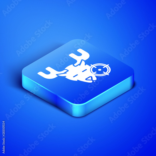 Isometric Hunt on moose with crosshairs icon isolated on blue background. Hunting club logo with moose and target. Rifle lens aiming a moose. Blue square button. Vector Illustration