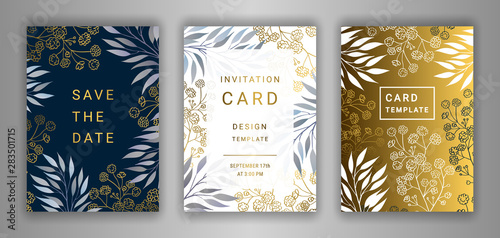 Wedding invitation card template EPS 10 vector set. Elegant eucalyptus branches, leaves, gypsophila flower background. Save the date phrase. Black, white, gold decor.