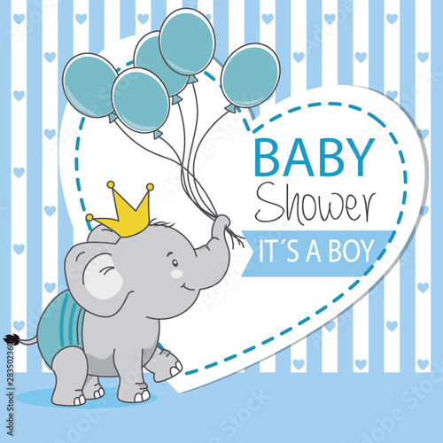 Happy elephant with a crown and balloons. baby shower card.