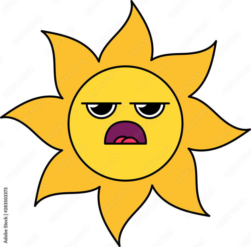 Grumpy sun emoticon outline illustration