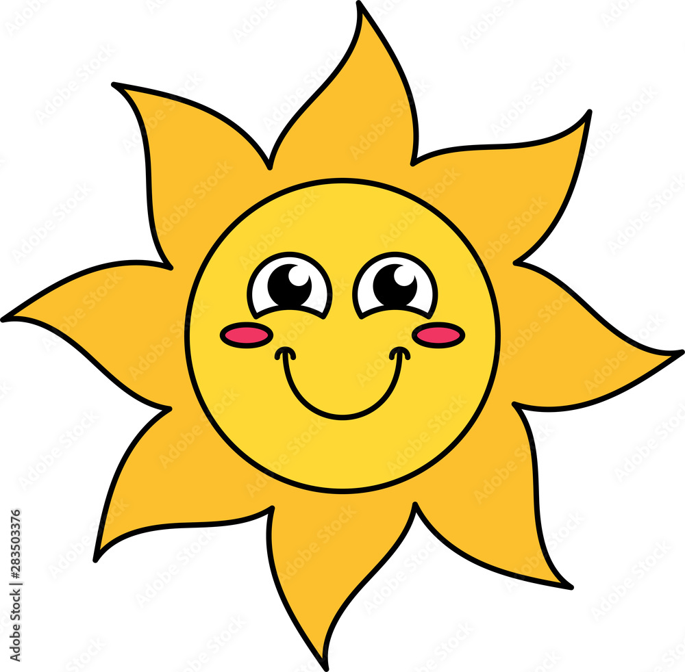 Blushing sun emoticon outline illustration