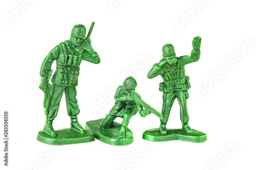 army green plastic soldiers isolated on white background