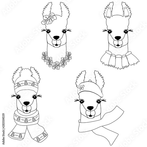 Cute llama in different styles. Cute black-white Llama for coloring, childish print for fabric, t-shirt,card.